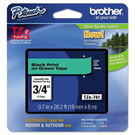 BROTHER TZe Adhesive Laminated Labeling Tape, 0.7x26.2 ft, Black on Green TZE741